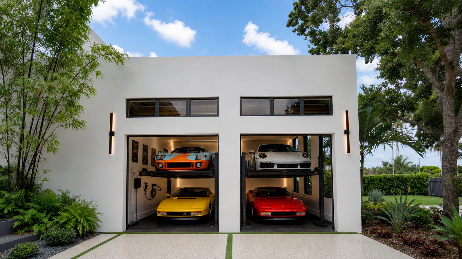 The garage program in use — collector cars stacked on lifts in the 14-ft bays